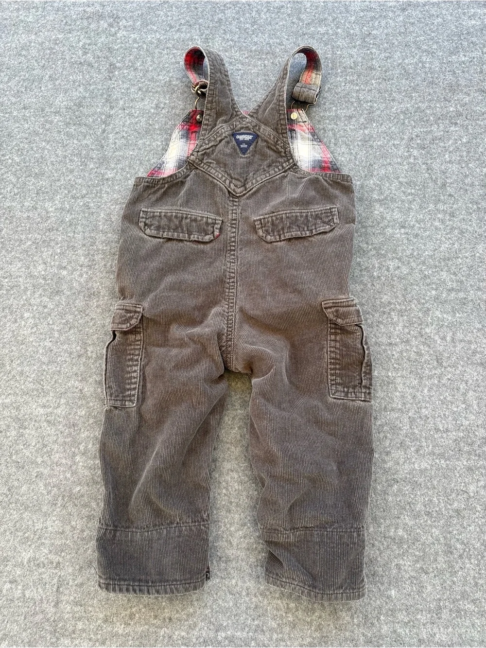 OshKosh brown corduroy overalls with red plaid lining size 18 months
